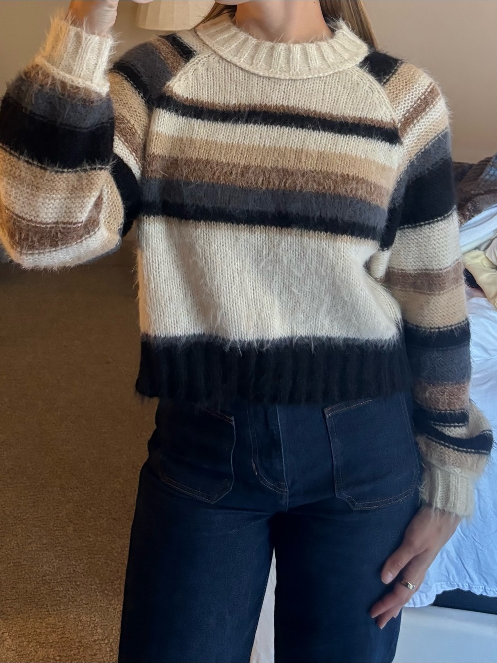 Striped Crewneck Mohair-Blend Sweater in Cream, Black & Brown